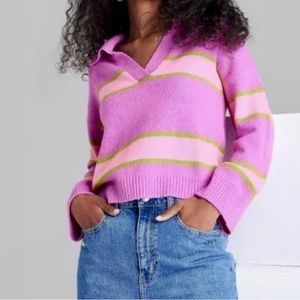 Wild Fable Striped V-neck Collared Purple Cropped Sweater Women’s Size XL